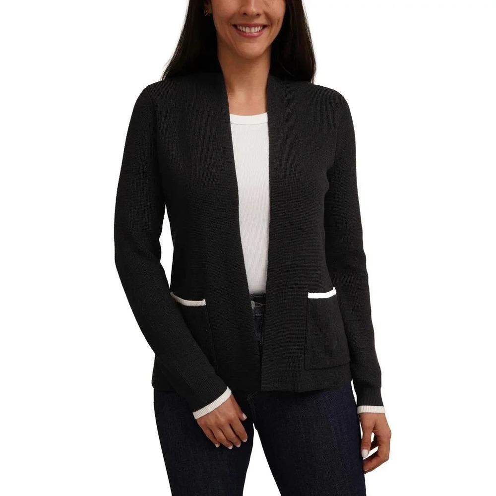 Cyrus Womens Contrast Trim Open Front Cardigan Black White Size Medium New